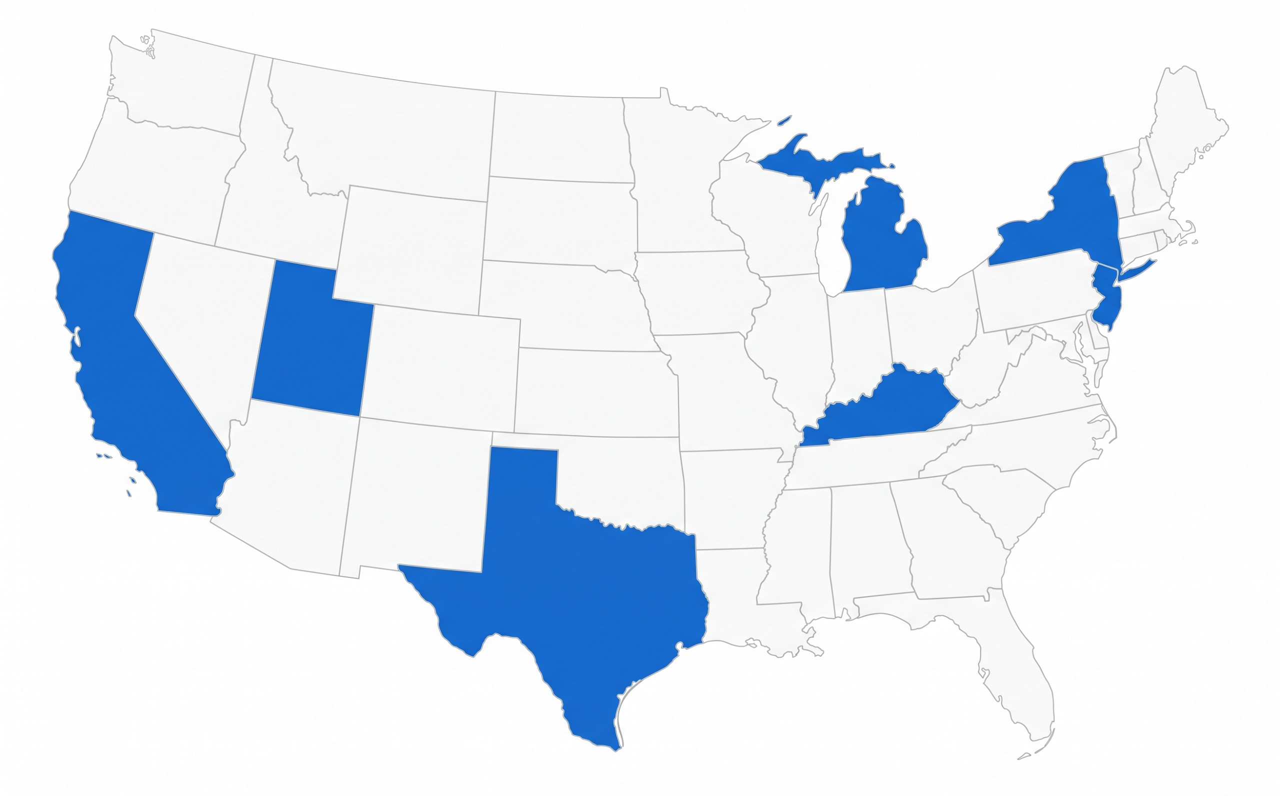 Map of the United States with California, Utah, Texas, Michigan, Kentucky, New York and New Jersey highlighted.