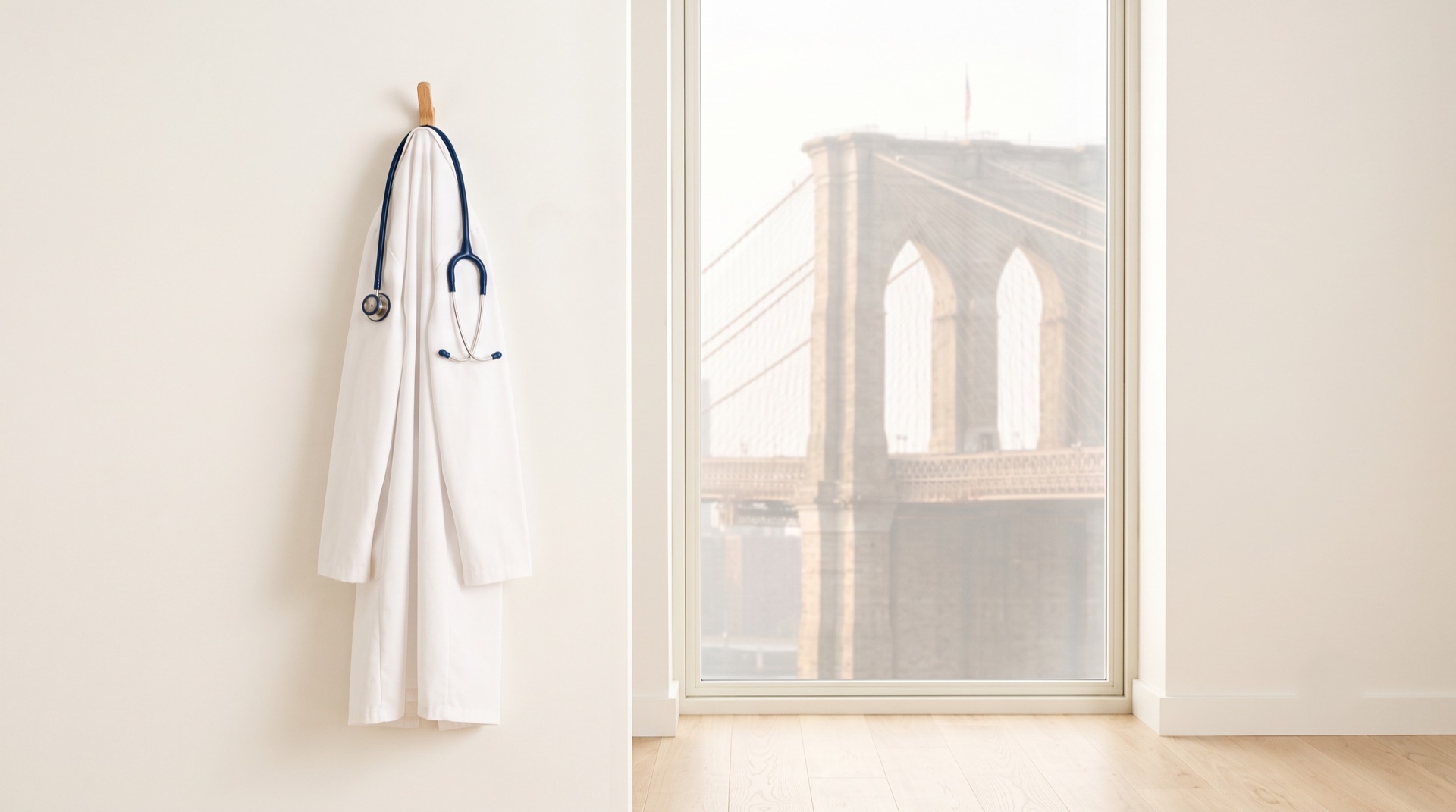 A white doctor's coat hanging by a tall bright window, with the Brooklyn Bridge soft in the distance.