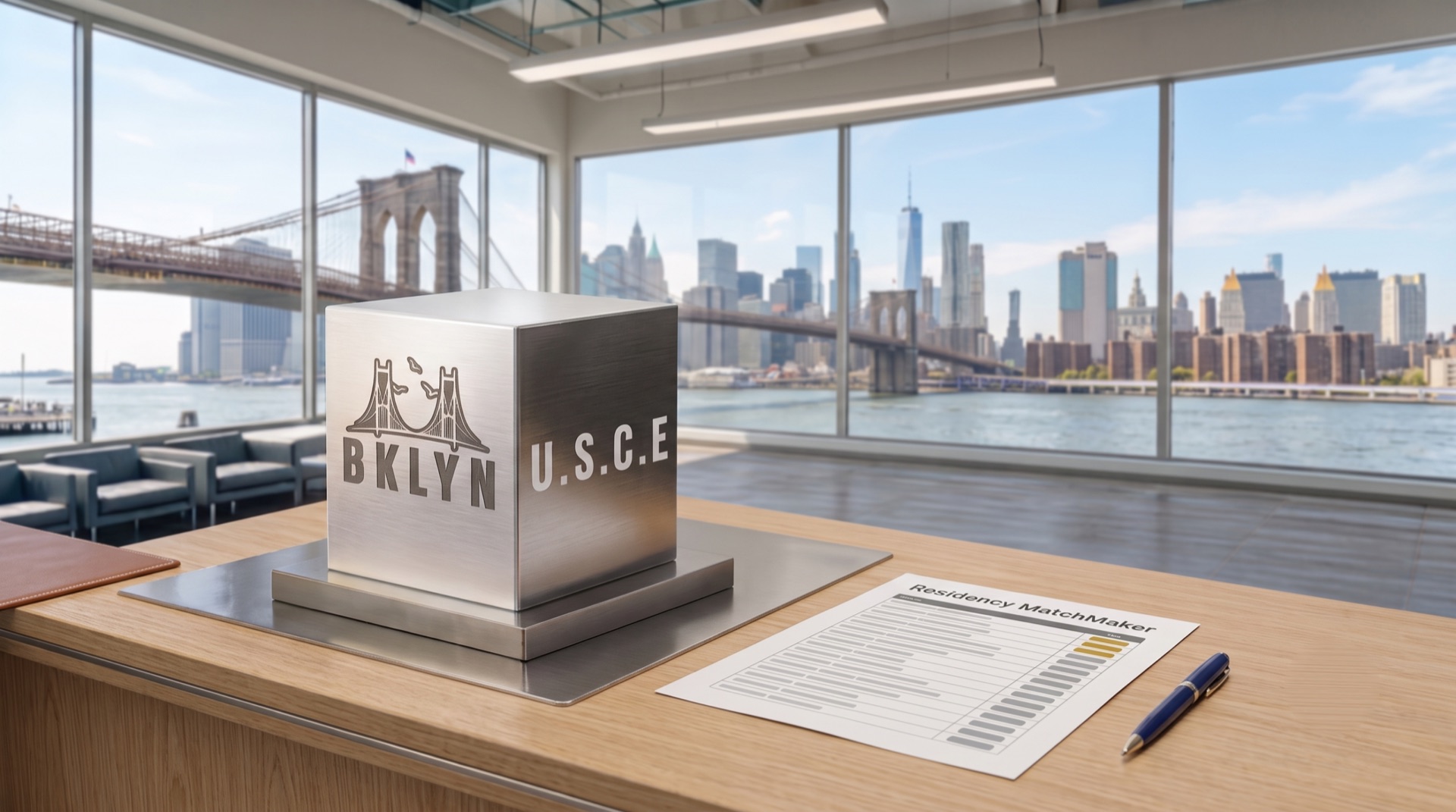 A Residency MatchMaker report on a desk beside the Brooklyn USCE cube, the Brooklyn Bridge through the window.